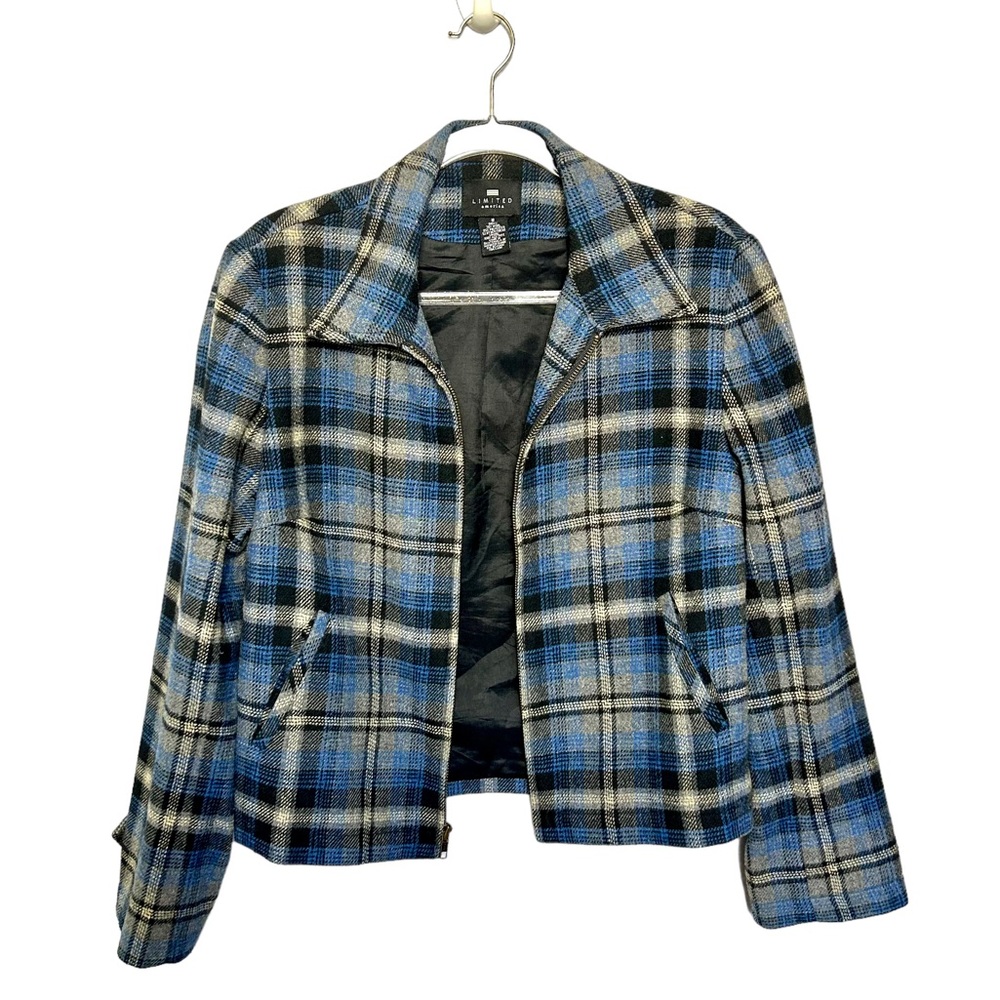 The Limited 90s Vintage Plaid Wool Jacket Semi Cropped Blue Size Medium